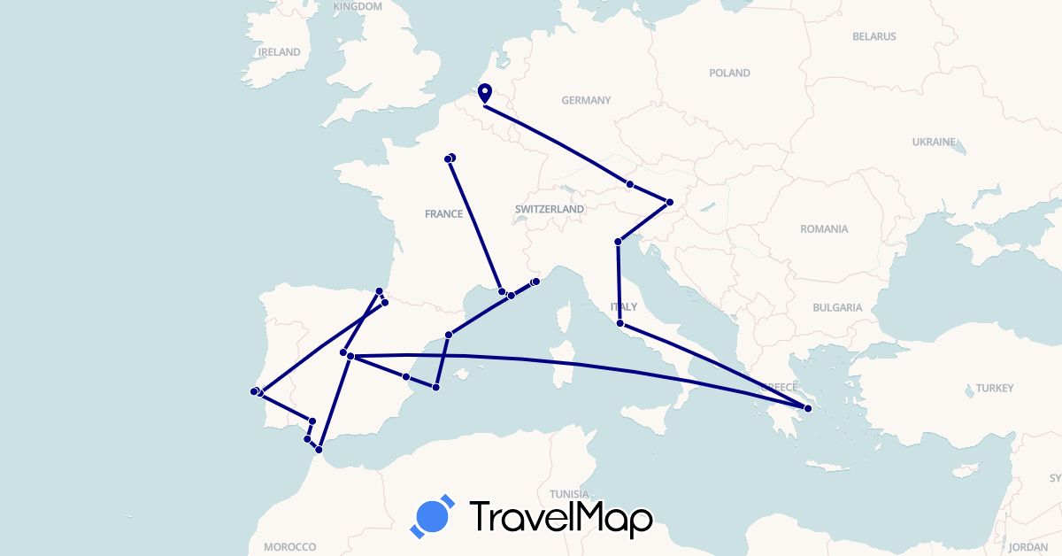 TravelMap itinerary: driving in Austria, Belgium, Spain, France, Greece, Italy, Monaco, Portugal, Vatican City (Europe)