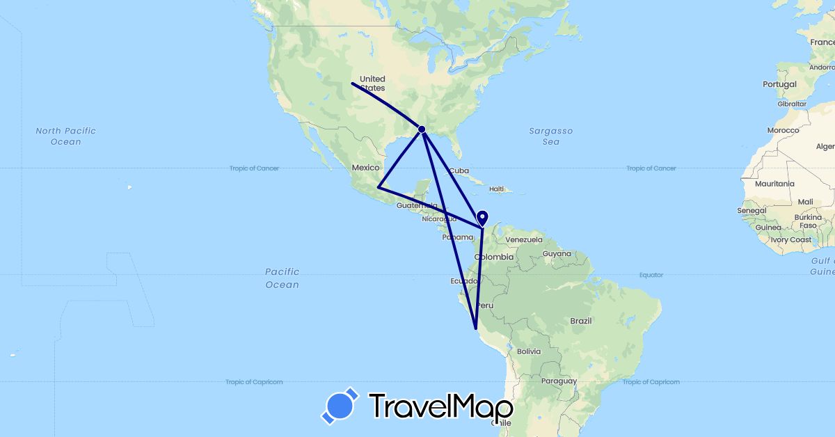 TravelMap itinerary: driving in Colombia, Mexico, Peru, United States (North America, South America)
