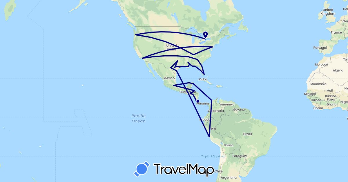 TravelMap itinerary: driving in Canada, Colombia, Costa Rica, Honduras, Mexico, Nicaragua, Peru, United States (North America, South America)